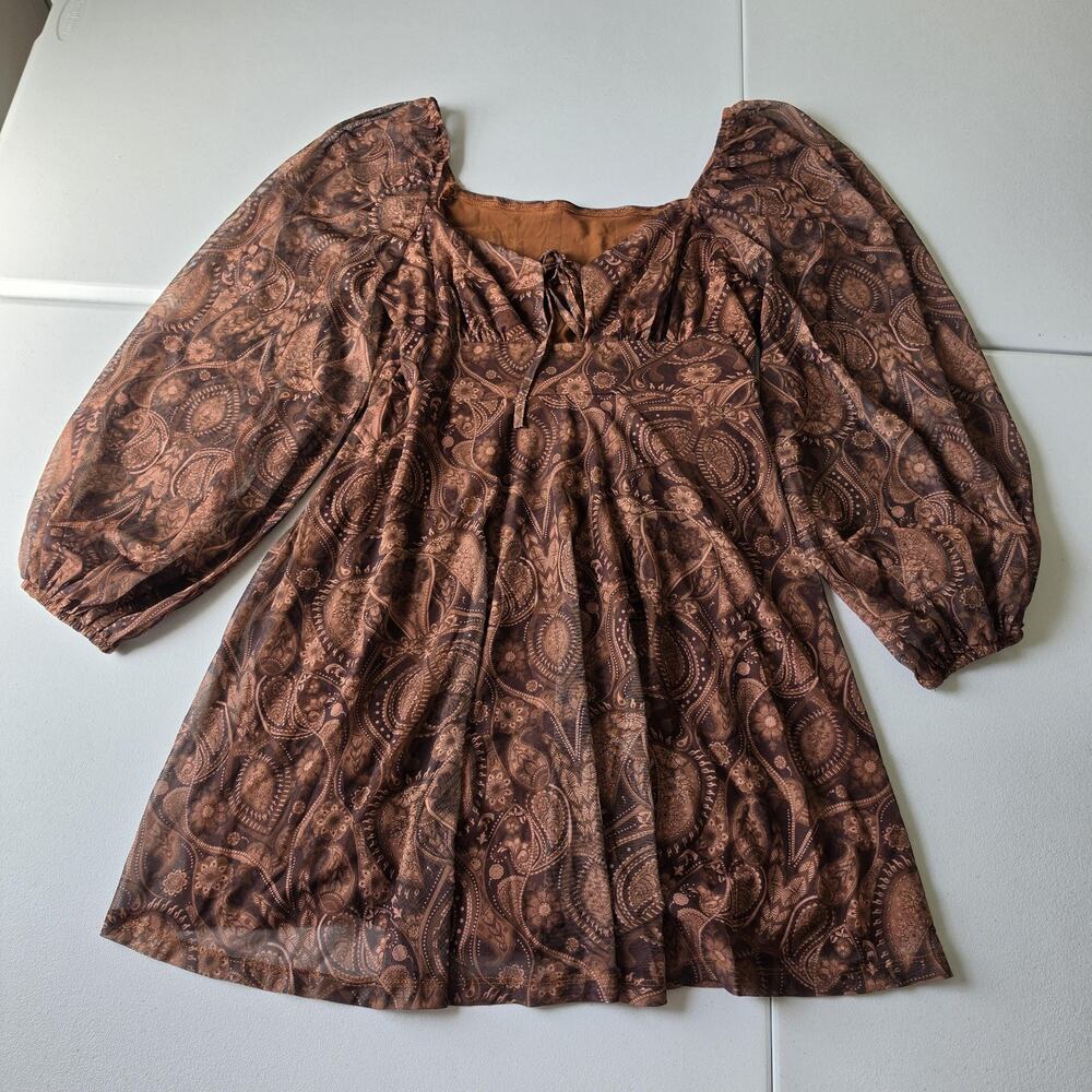 Whimsigoth Fairy Grunge Dress Large Brown Paisley Chiffon Puff Sleeve Fit Flare